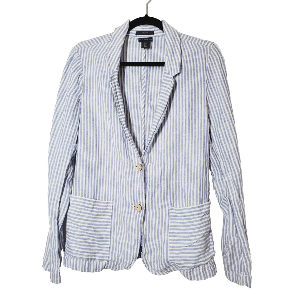 Tahari Womens Large‎ Striped Two-Button Linen Blazer Jacket White Blue Beach